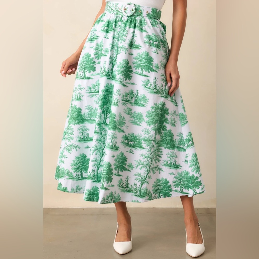 Prosperina Thena Eden Green Toile Belted Midi Skirt - Picture 3 of 4